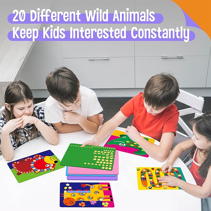 Foam Sticker Art Activity, 20 Wild Animal Art Boards with 1660 Foam Stickers in 10 Colors, Funny DIY Activity Creative Craft Kits Travel Game for Kids, Boys & Girls