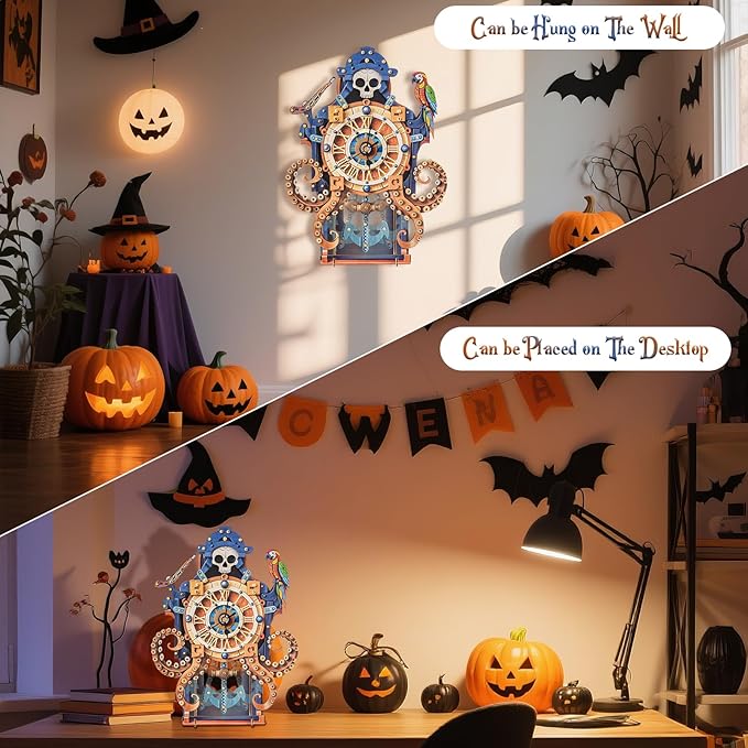 3D Wooden Octopus Pirate Puzzle Clock - Mechanical Model Kit with Anchor Pendulum & Pirate Theme, DIY Building Kit for Adults Teens, Vintage Wall Clock for Home Office Decor, Unique Gift for Men