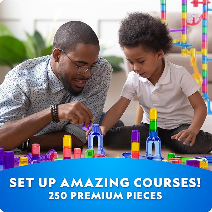 NATIONAL GEOGRAPHIC Glowing Marble Run – 250 Piece Construction Set with 50 Glow in The Dark Glass Marbles & Storage Bag, STEM Gifts for Boys and Girls, Building Project Toy (Amazon Exclusive)