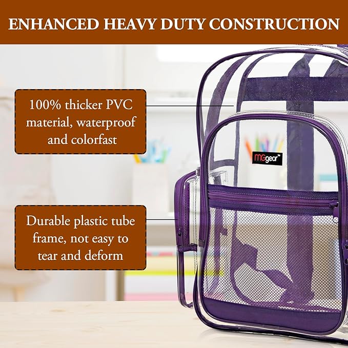 17 Inch Clear PVC Backpack with Purple Trim and 5 Zipper Compartments, Transparent School Bookbag for Boys Girls, Travel or Work Bag for Men Women