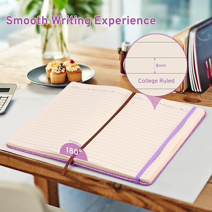 Purple Glitter Notebook, 8.4"x 5.7", 200 Lined Pages, No-Shed Sparkle Journal for Girls & Women, A5 Hardcover Diary for Writing, Birthday Gift for Teen Kids, Trendy Stuff for 6 8 9 10 11 12 Year Old