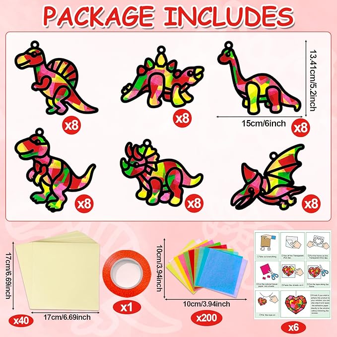 Qyeahkj 36 Set Dinosaur Suncatchers Crafts for Kids DIY Dinosaur Tissue Paper Crafts Window Stained Glass Effect Dino Hanging Decor School Home Creative Activity Art Projects Birthday Party Favor Gift