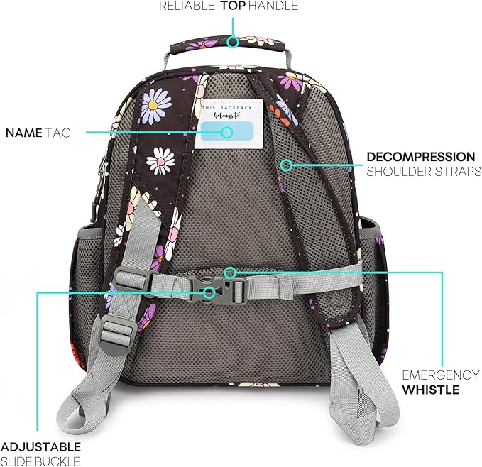 mibasies Toddler Backpack for Girls 2-4: Preschool Kindergarten Backpack - Cute Kids Backpacks for Girls - Daisy Black
