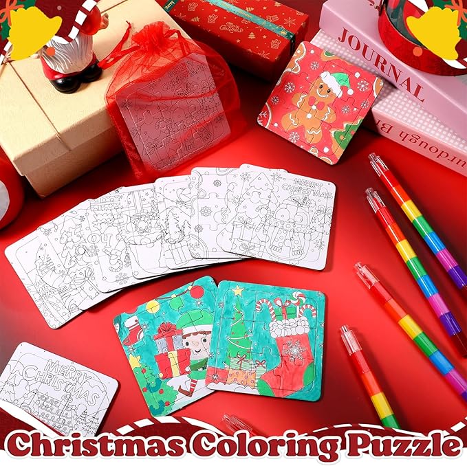 12 Sets Christmas Puzzles Color Your Own Puzzles DIY Jigsaw Crafts with 12 Stackable Crayons and 12 Bags for Learning Education Toys Gifts Prizes Birthday Party Supplies(12, Christmas)