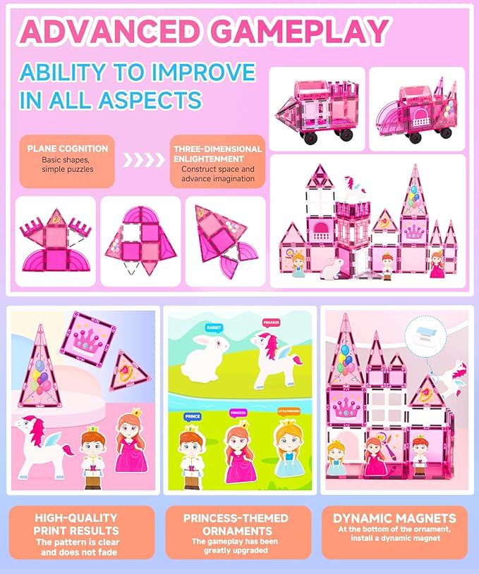 Magnetic Tiles 50 Pcs Princess Theme Set Magnets Building Blocks with Princess Castle Toys DIY Painting Set and 5 character figures for Kids Ages 4-8 toddlers STEM Birthday Gifts for Girls Boy