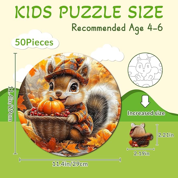 Wooden Puzzles for Kids Ages 4-6 - Squirrel's Harvest 50 Pieces Children Puzzles - Large Pieces Kids Puzzle with Unique Shapes - Fall Puzzles for Boys and Girls (11.4 * 11.4 in)