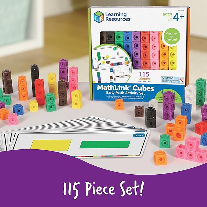 Learning Resources MathLink Cubes Early Math Activity Set - 115 Pieces, Ages 4+ Kindergarten STEM Activities, Math Cubes Activity Set and Games for Kids, Mathlink Cubes Activity Set