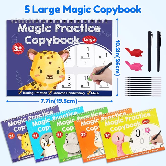 Large Magic Grooved Writing Practice Books for Kids, Reusable Grooved Handwriting Workbooks, Number Letter Tracing Books for Kids Age 3-8 Kindergarten Preschool Calligraphy