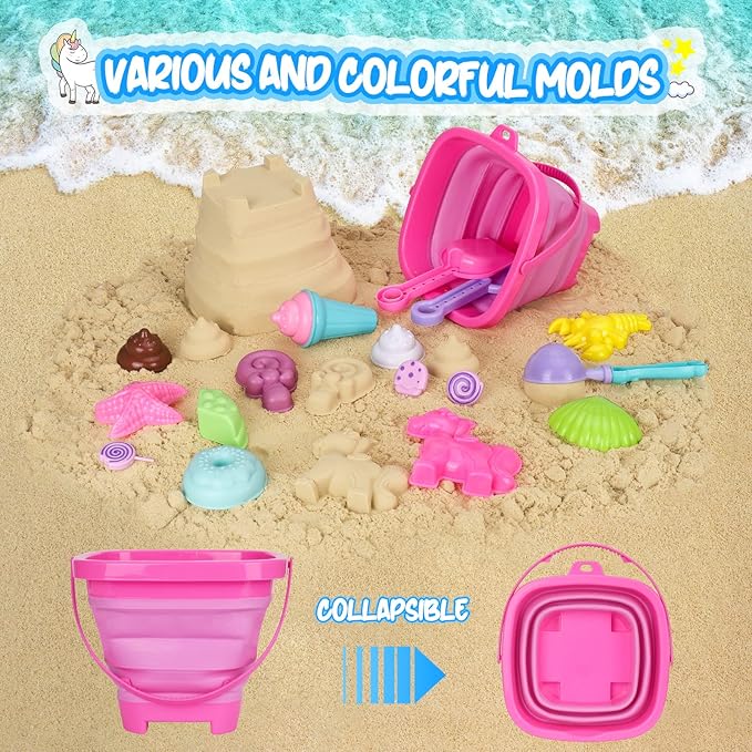 Beach Toys, 30Pcs Ice Cream Sand Toys, Sandbox Toys with Collapsible Sand Bucket and Sand Castle Kit, Cake, Lollipop, Sea Animal, Unicorn Molds, Shovels Set, Mesh Bag, Travel Toys for Girls 3+