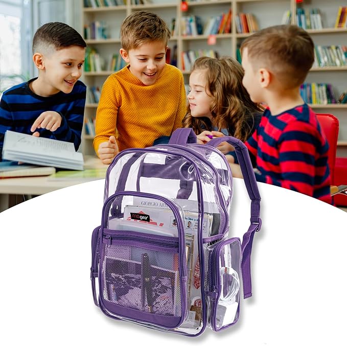17 Inch Clear PVC Backpack with Purple Trim and 5 Zipper Compartments, Transparent School Bookbag for Boys Girls, Travel or Work Bag for Men Women
