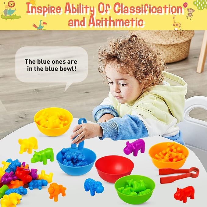 Counting Animals Color Sorting Stacking Matching Games with Rainbow Bowls Montessori Preschool Educational Learning Activities Fine Motor Skills Toys Easter Gift for Toddlers Ages 3+