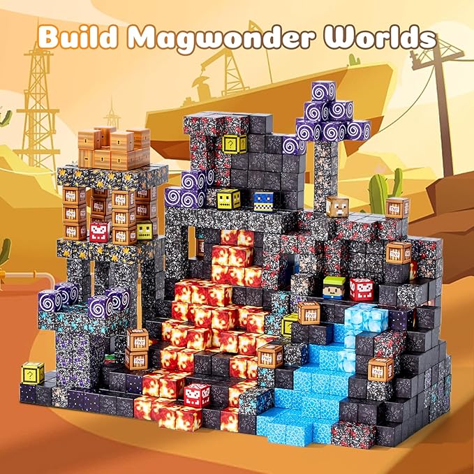 Magnetic Blocks, 150-Piece Magnetic Building Blocks, Volcano Theme 1-Inch Montessori STEM Stacking Magnet Blocks for Boys Girls Ages 3+, Educational Sensory Toys for Kids Christmas Birthday Gifts