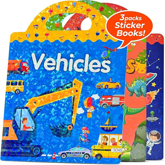 EooCoo Reusable Sticker Books for Kids, Toddler Craft Activities, Sensory Educational Toys, Toddler Travel Toys Games Crafts Gifts - Space, Dinosaurs and Vehicles