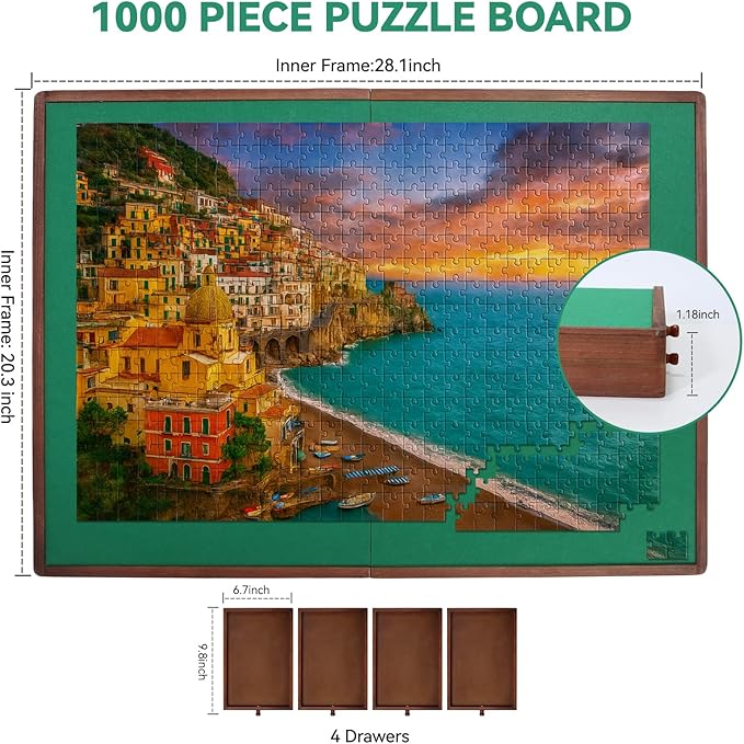 1000 Pieces Rotating Puzzle Board with Drawers and Cover, 28.1"x20.3" Portable Wooden Jigsaw Puzzle Table for Adults and Teens, Puzzle Board with Lazy Susan & Felt, Christmas Birthday Gift