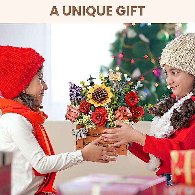 ROBOTIME 3D Wooden Bloom Box Puzzle, Adults' Flower Bouquet Building Set, Artificial Flowers Home Decor, Gift for Wedding/Mother's Day/Birthday, Wood Craft Kit