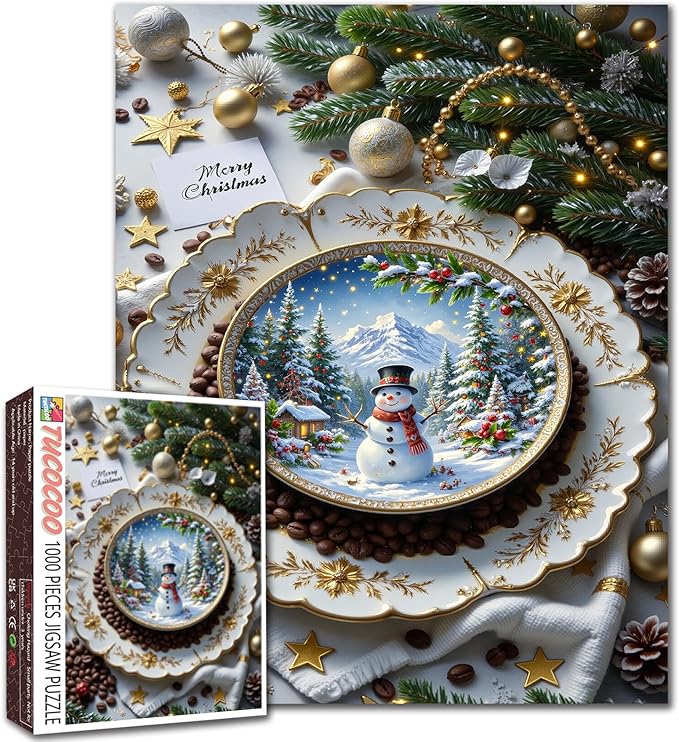 Merry Christmas 1000 Piece Jigsaw Puzzles for Adults Christmas Coffee Painting Jigsaw Puzzle Cute Snowman Puzzles 20''x27”inch Snowy Village with Xmas Tree 1000 Pieces Wall Decor Family Challenging