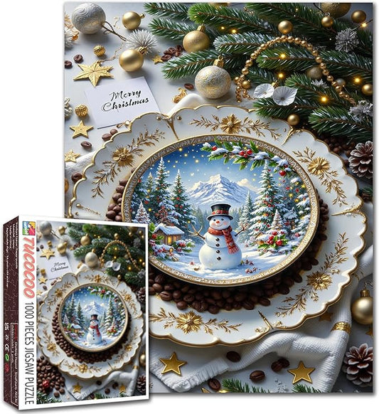 Merry Christmas 1000 Piece Jigsaw Puzzles for Adults Christmas Coffee Painting Jigsaw Puzzle Cute Snowman Puzzles 20''x27”inch Snowy Village with Xmas Tree 1000 Pieces Wall Decor Family Challenging