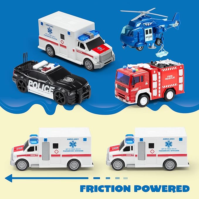 JOYIN 4 Packs Emergency Vehicle Toy Playsets, Friction Powered Vehicles with Light and Sound, Including Fire Truck, Ambulance, Play Police Car and Helicopter, Christmas Toddler Kids Boys Gifts