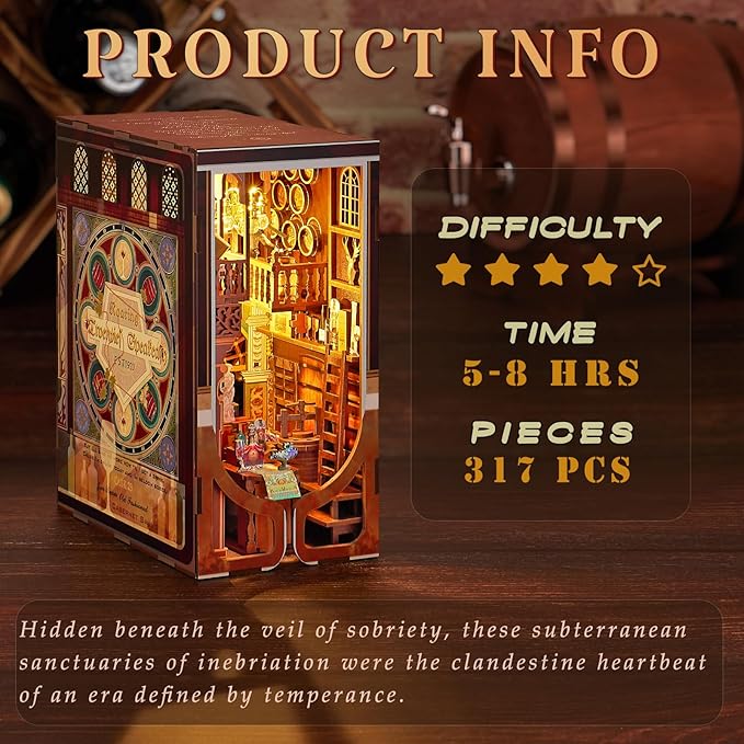 MiniCity DIY Book Nook Kit for Adults, 3D Wooden Puzzle Bookend Bookshelf Insert Decor with LED Light and Dust Cover (Roaring Twenties Speakeasy)