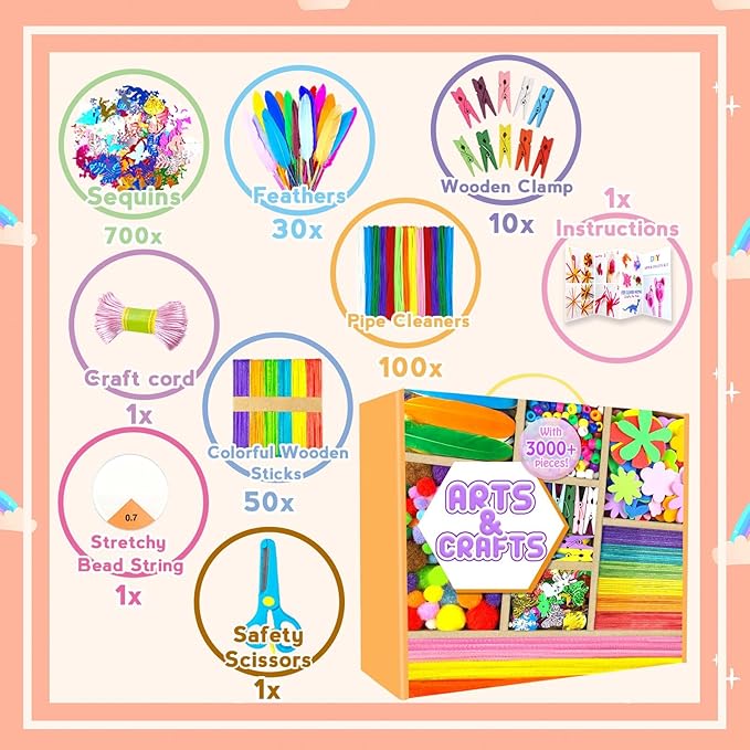 Arts and Crafts Supplies for Kids - 3000Pcs Craft Kit with Pipe Cleaners Crafts for Kids All in Art Crafting Box DIY School Supplies Materials Set Toys Gifts for Girls Boys Age 4 5 6 7 8 9 10 11 & 12