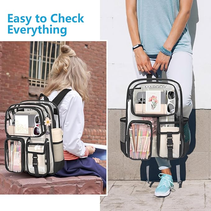 Black Clear Backpack, Heavy Duty PVC Clear Bag for Stadium Events, Transparent Backpack with Reinforced Straps & Stitches for Girls Boys, Large Capacity Bookbag for School, Travel, College, Work