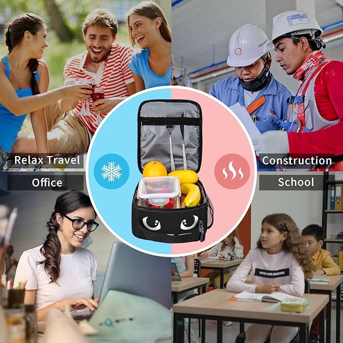 Black Cat Reusable Lunch Box Food Bag Insulated Lunch Bag for Teenage Boys Girls School Beach