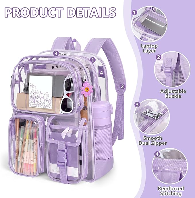 Purple Clear Backpack, Heavy Duty PVC Clear Bag for Stadium Events, Transparent Backpack with Reinforced Straps & Stitches for Girls Boys, Large Capacity Bookbag for School, Travel, College, Work
