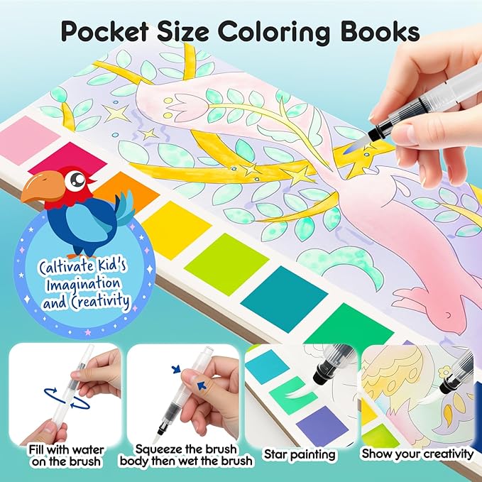 Watercolor Painting Coloring Books Pocket Watercolor Paint Bookmarks, Mess Free Paint with Water Set, Travel Class Activities Art Party Favors Exchange Birthday Gifts for Kids (Enchanting forest)