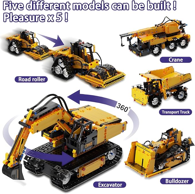5 in 1 RC Excavator Construction Vehicle Building Block Sets App and Remote Control Bulldozer Engineering Science Kits Stem Toys for Boys Ages 8-12 (535 Pieces