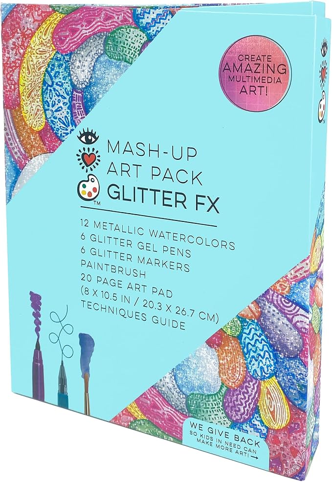 Bright Stripes iHeartArt Travel Art Set for Kids Ages 8+ | Drawing & Painting Kit with Metallic Watercolors, Glitter Gel Pens, Markers, Brush & 20-Page Art Pad | Creative Gift for Young Artists