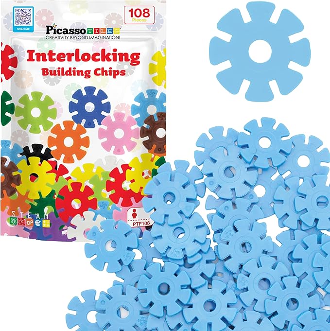 PicassoTiles Building Chip Interlocking Disc Construction Blocks in Light Blue Color STEM Learning Early Education Toy Engineering Playset Child Brain Development for Toddlers Child Kids Age 3+ PTF108