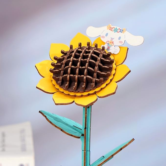 Hands Craft Hello Kitty and Friends Cinnamoroll Sunflower 3D Wooden Puzzle Kit | DIY Flower Model | Arts & Crafts | Creative Hobby Kits | Cinnamoroll Character | Wood Building Set