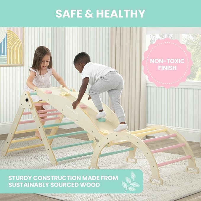Delta Children Lil’ Climber Gym - Indoor Climbing Gym/Jungle Gym for Kids - Montessori Toy with Reversible Arch/Rocking Chair, Reversible Rock Wall/Slide Ramp and Pikler Triangle - for Toddlers 3+