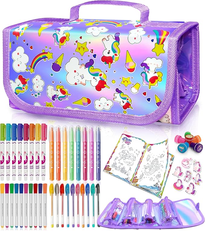 weirtoya 56 PCS Washable Scented Markers Set with Glitter Pencil Case, Mermaid Unicorn Arts and Crafts for kids 4-6-8 Kids Coloring Drawing Kits for 4-8 Years Old Girls Birthday Gifts