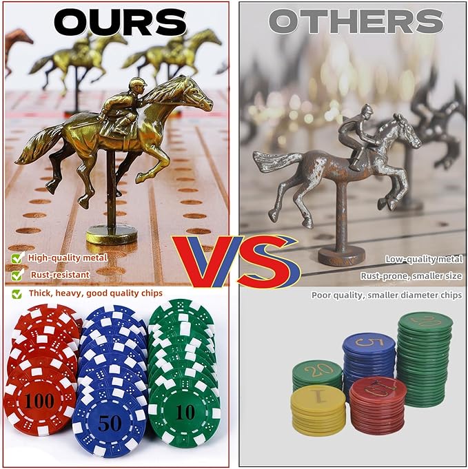 Glintoper Large 21" Horse Racing Game for Adults Family, Horse Race Board Games with 11 Luxury Metal Horses, Foldable Wood Board with 2 Dices 2 Boxes of Cards 40 Poker Chips Finish Line for Parties