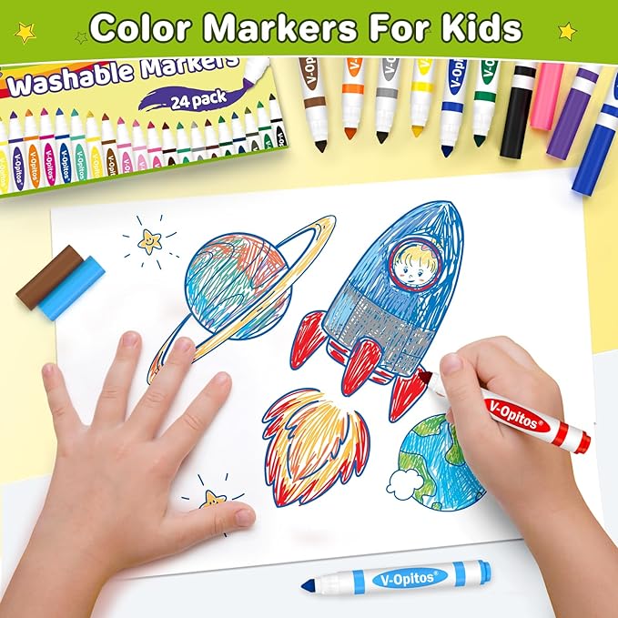 V-Opitos 24 Colors Washable Markers for Kids, Colored Broad Tip Markers Set for Coloring Book, Ideal School Classroom Supplies