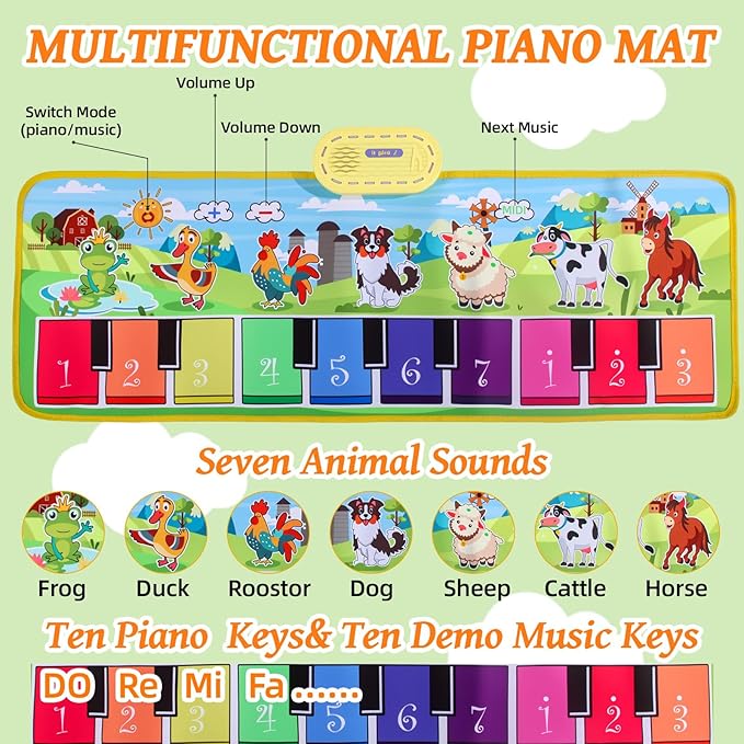 Floor Piano Mat for Toddlers,Baby Kids Sensory Educational Music Dancing Carpet,Animal Sounds Blanket,Farm Touch Musical Playmat,Christmas Birthday Learning Toys for 1 2 3 4 5 Years Old Boy Girl Gifts