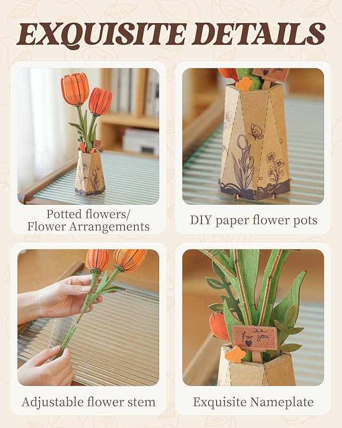 rowood Wooden Flower,DIY Artifical Flower Building Set Craft Kit for Adults,Mother's Day/Valentine's Day for Mom/Women/Grandma-Orange Tulip