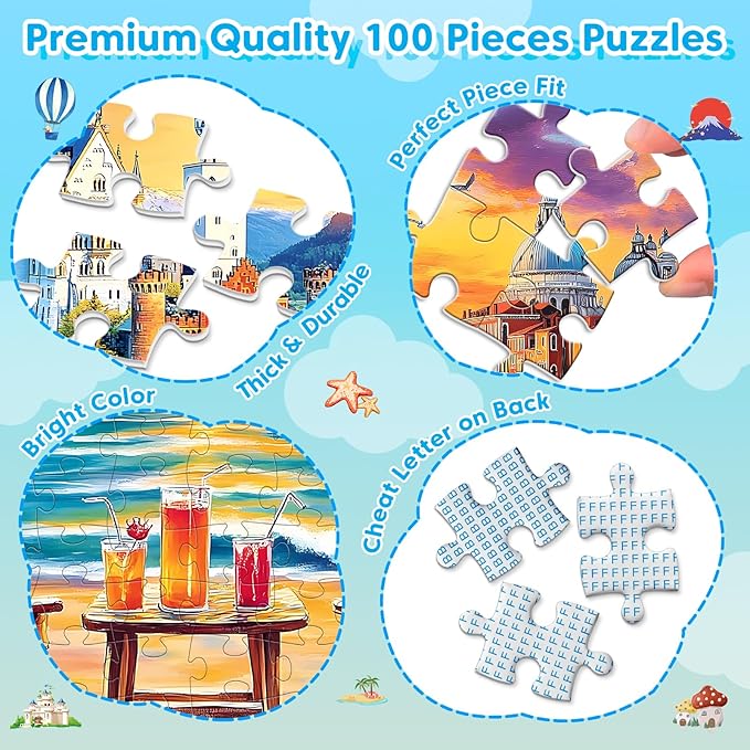 100 Piece Puzzle World Famous Landscapes Jigsaw Puzzles Large Piece Puzzles for Adult Seniors Kids Puzzles for Kids Ages 4-6 6-8 Learning Educational Toys Gifts for Girls Boys 4 Packs