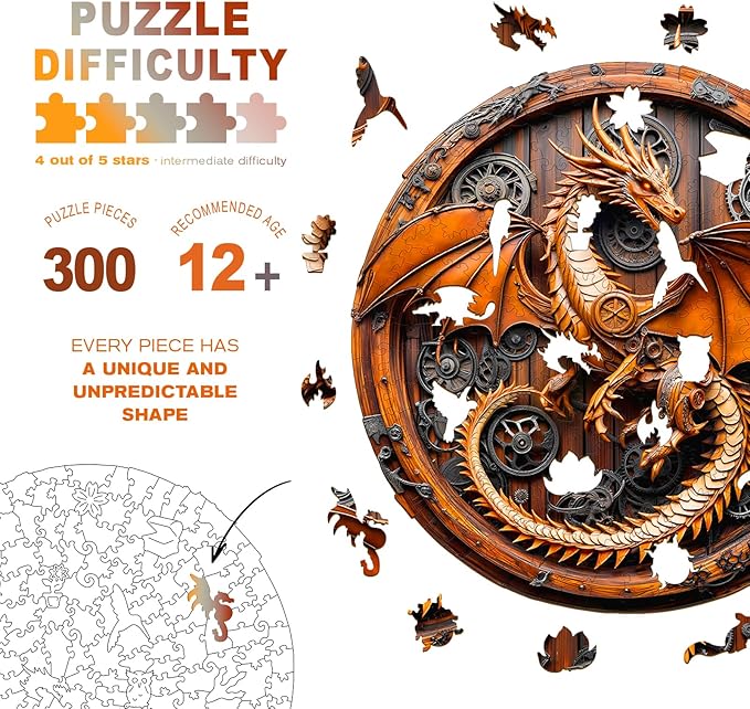 Wooden Puzzles for Adults - Mechanical Dragon Wooden Jigsaw Puzzle - Unique Shape 3D Vision Wood Puzzles Adult - Christmas Birthday Gifts for Adults/Friends/Family - 300pcs 13.4 * 13.3in