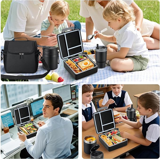 Bento Lunch Box for Kids with 17oz Soup Thermo,Insulated Tumbler Water Bottle and Insulated Lunch Bag,Leak-Proof 3 Compartment Lunch Food Container with with Ice Pack for Kids to School-Black