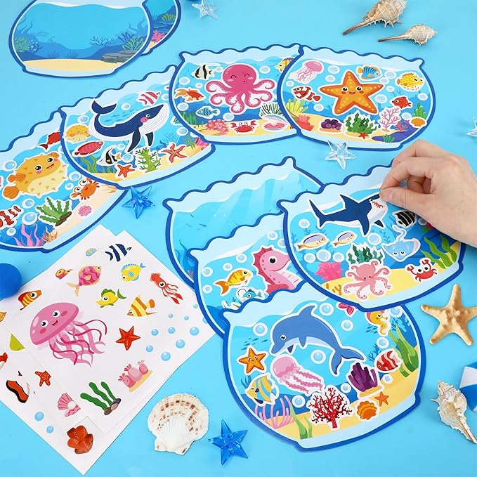 JUNEBRUSHS 30 Sets Summer Ocean Crafts Kits for Kids, Under The Sea Animals Worlds Stickers Scene for Home Classroom Game Activities Summer Crafts Party Favors