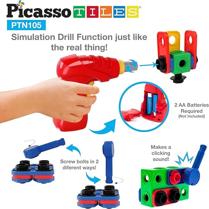 PicassoTiles STEM Learning Toys 105 Piece Building Block Set Kids Construction Engineering Kit Toy Blocks Children Early Education Playset w/IdeaBook, Power Drill, Clickable Ratchet, Age 3+ PTN105