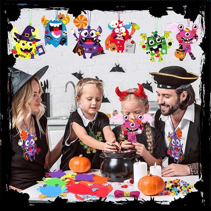 48 Sets Halloween Monster Crafts Kits Halloween Fall Craft Bulk DIY Monster Ornaments Necklace Feather Ball Sticker Beads Pom Arts and Crafts Classroom Activities Art Project Party Favors