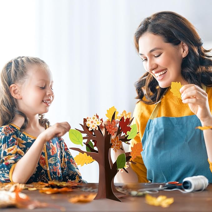WATINC Fall Thankful Trees Craft Kits for Kids, Autumn Maple Oak Leaves Make Your Own DIY Thanksgiving Trees Decoration Thankful Craft Kit Supplies Home School Fun Activities for Kids (48PCS)