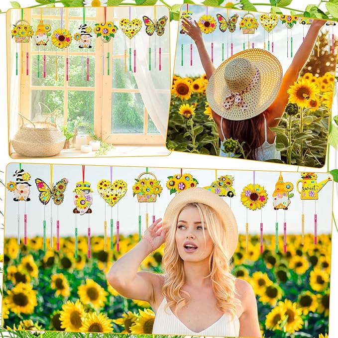 JellyArch 30 Pack Summer Wind Chime Making Kit for Kids, Make Your Own Sunflower Butterfly Gnome Wind Chime Wooden Spring Ornaments for Girls and Boys DIY Crafts Activity Birthday Decoration