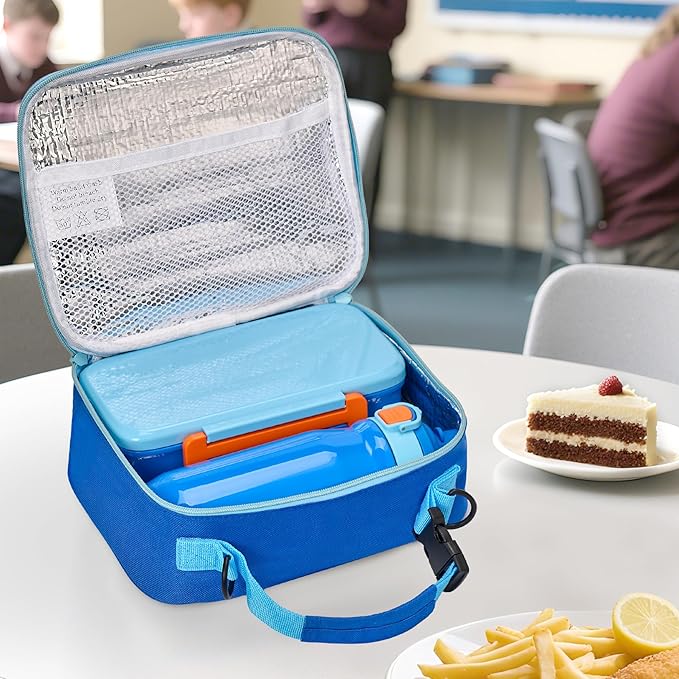 Kids Lunch Bento Box with Thermo Ice Pack Food Container with Insulated Lunch Bag, Insulated Water Bottle with Straw for Girls Boys, Blue