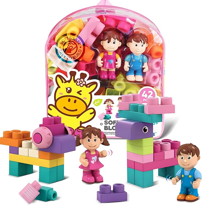 Soft Building Blocks for Toddlers, Stacking Blocks for Babies 6 Months and Up STEM Toddler Gifts, Large Construction Block Set Rubber Blocks Bag with 42 Pieces and Storage,Gift for Easter