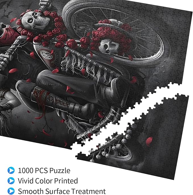1000 Pieces,Adult Wooden Jigsaw Puzzle, Skeleton Reaper Motorcycle Girlfriend, Challenging Brain Puzzle Game Relaxing Pastime Recreational Activity Size: 29.5X19.7 in and 1:1 Original Picture Poster