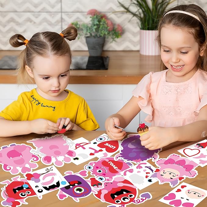 ANGOLIO 123Pcs Valentine's Day Monster DIY Craft for Kids, Make Your Own Monster Ornament Bulk Valentine's Day DIY Paper Craft Decorative Kit for Classroom Activities Gift Exchange